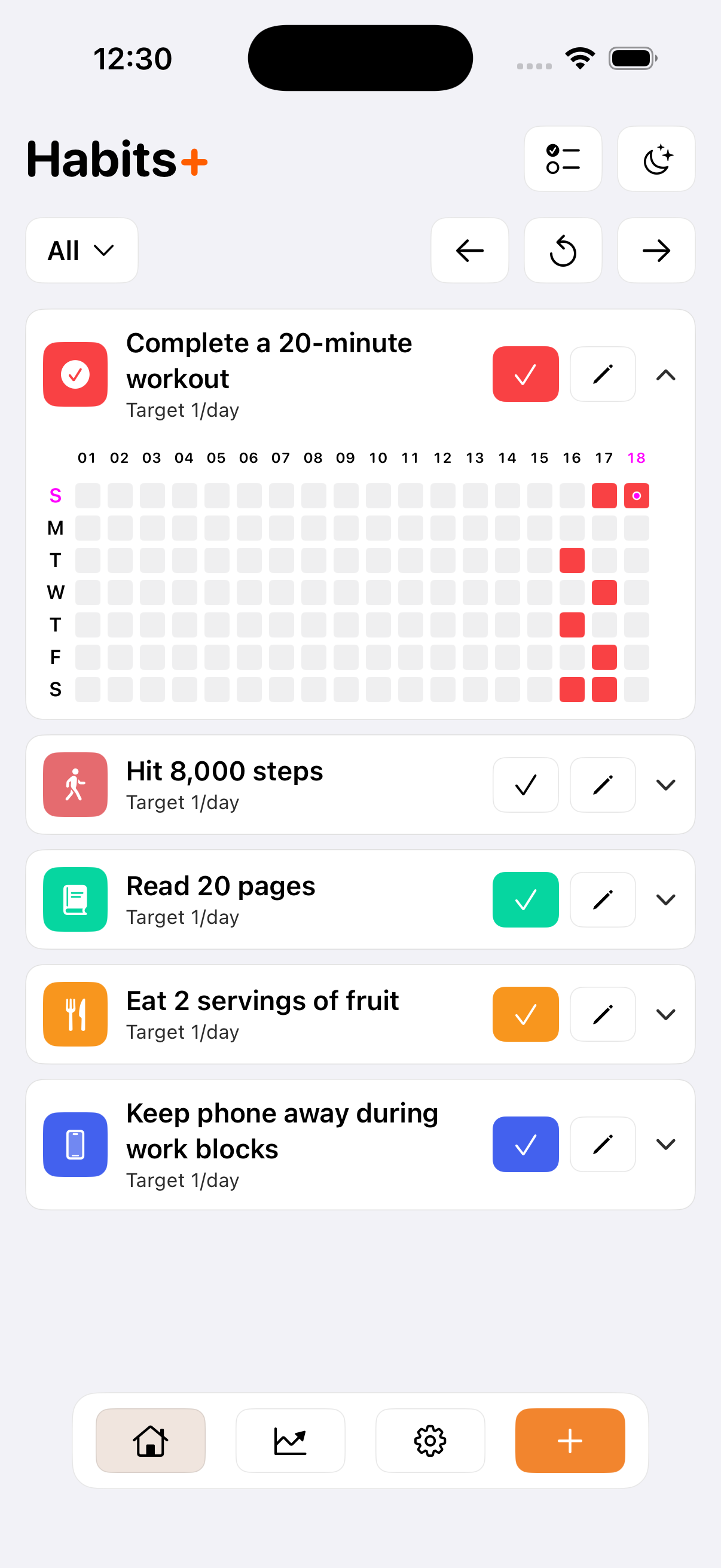 Habits+ App Screenshot Listenansicht