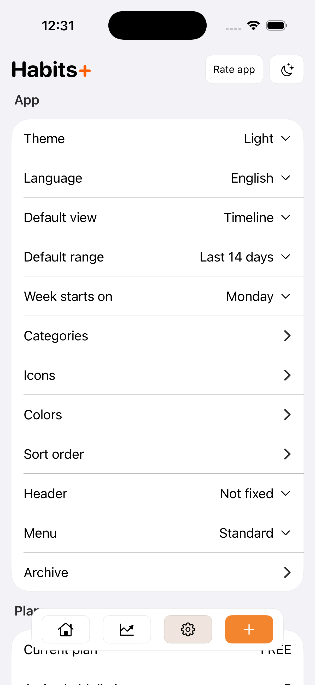 Habits+ App Screenshot Einstellungen